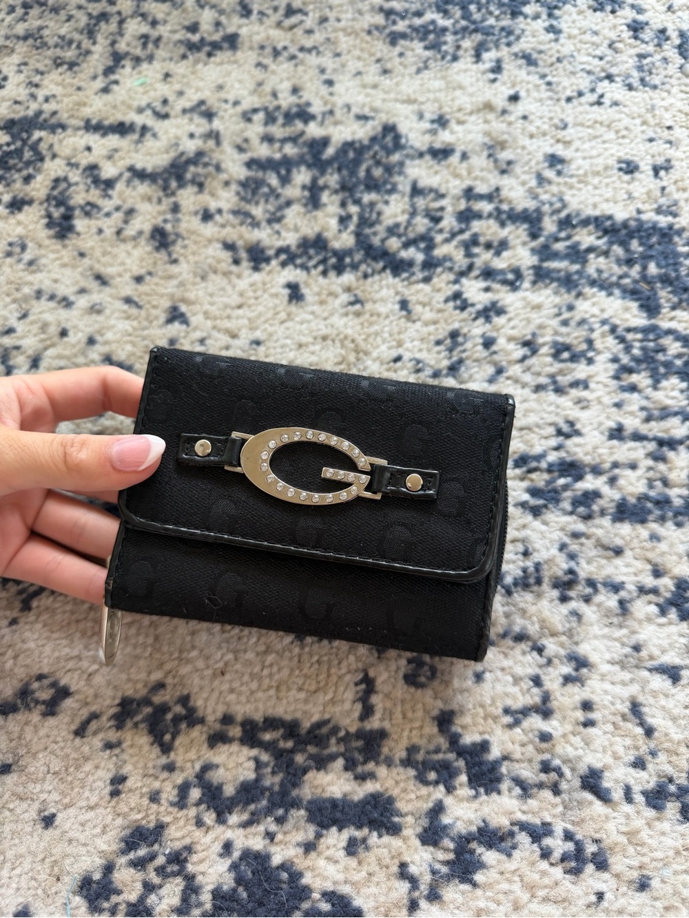 Guess Black Signature Trifold Wallet with Gold Logo Accent